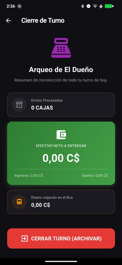 Interfaz de cierre operativo en Wendelyn App - Gestión de encomiendas